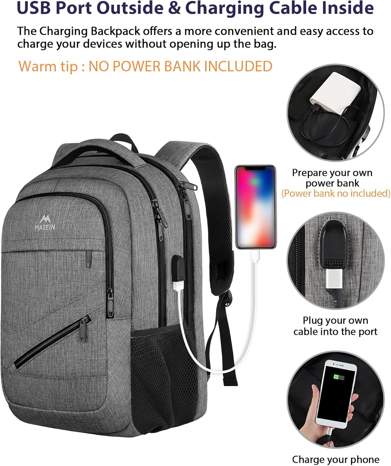 MATEIN Travel Laptop Backpack, 17 Inch Business Flight Approved Carry on Backpack, TSA Large Computer Bag for Men Women with USB Port and Trolley Sleeve, College School Tactical Book Bag, Grey - Image 4
