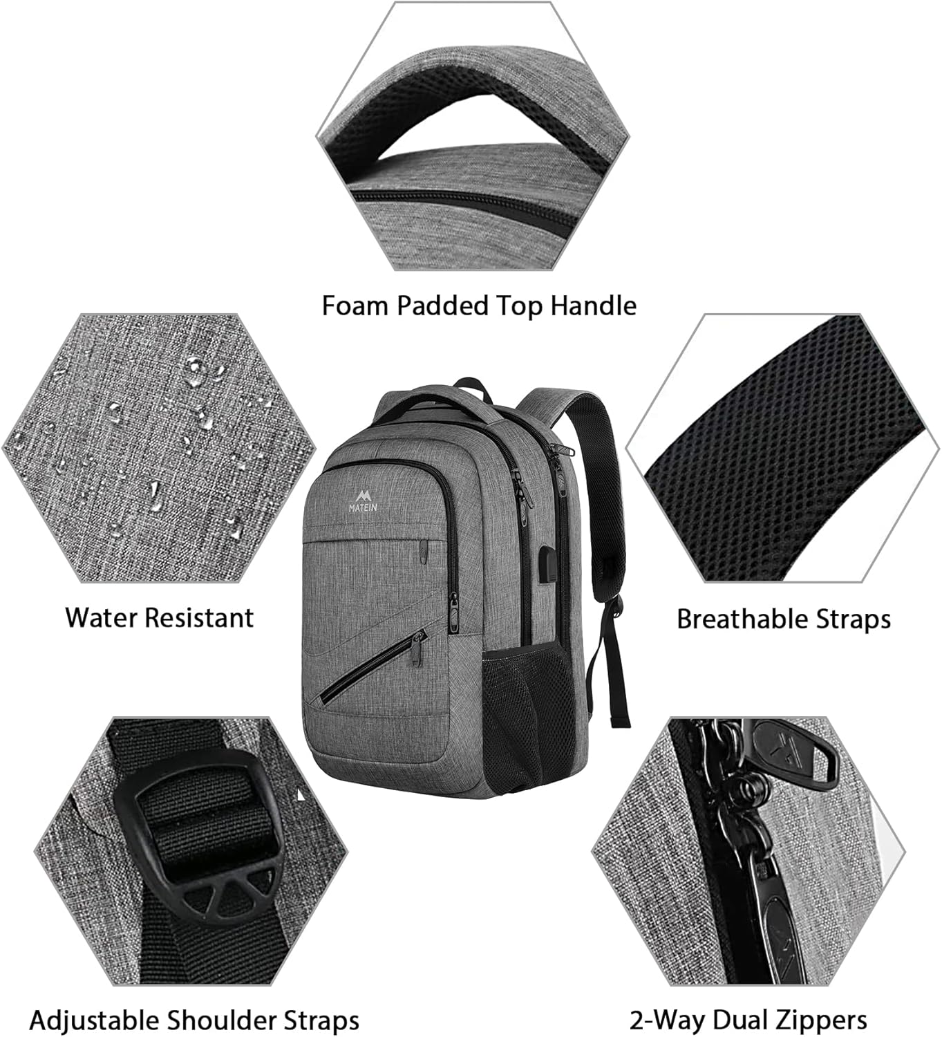 MATEIN Travel Laptop Backpack, 17 Inch Business Flight Approved Carry on Backpack, TSA Large Computer Bag for Men Women with USB Port and Trolley Sleeve, College School Tactical Book Bag, Grey - Image 6