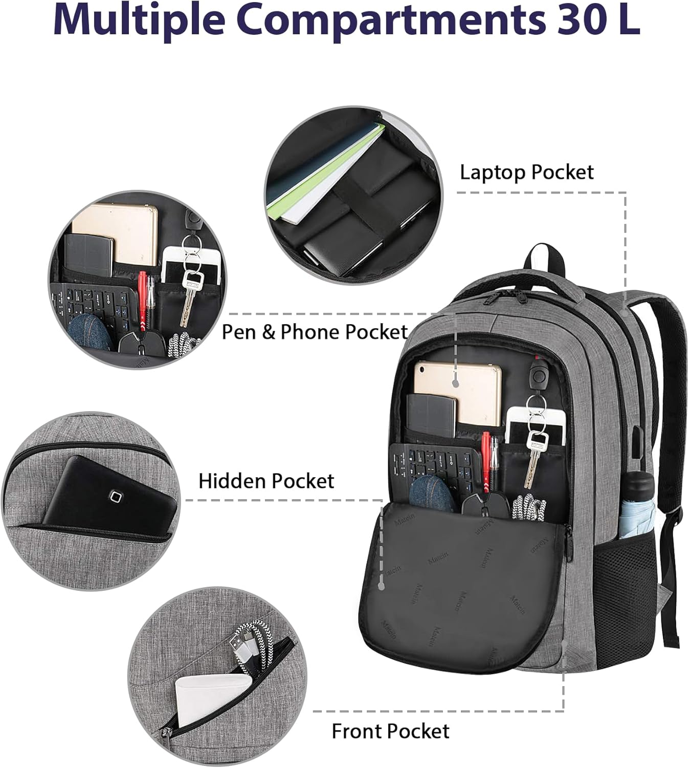 MATEIN Travel Laptop Backpack, 17 Inch Business Flight Approved Carry on Backpack, TSA Large Computer Bag for Men Women with USB Port and Trolley Sleeve, College School Tactical Book Bag, Grey - Image 8