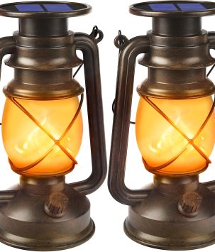 Solar Powered LED Lanterns Decorative Outdoor,2 Pack Bronze Vintage Lanterns with Dancing Flame,Waterproof Solar Hanging Lights for Camping Patio Garden Yard Pathway Decor