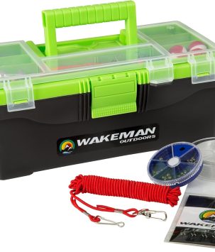 Wakeman 55-Piece Fishing Tackle Set - Tackle Box Includes Sinkers, Hooks, Lures, Bobbers, Swivels, Fishing Line, and More - Fishing Gear (Pink)
