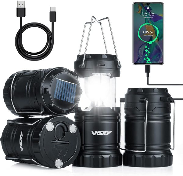 Wsky Solar Camping Lantern 4-Pack - Rechargeable LED Lights, Magnetic Base & Foldable Hanging Hook- Collapsible Lamp Battery Powered Perfect for Power Outages, Hiking, Campsites, Emergencies